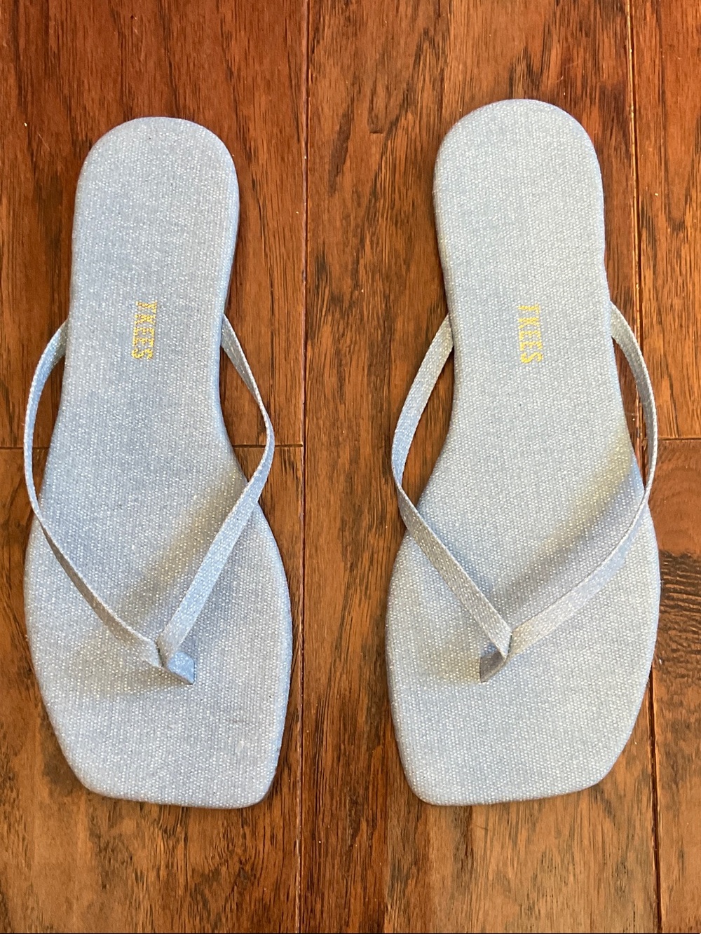 TKEES Metallic Light Blue Square-Toe Sandals
